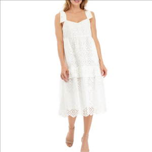 Crown & Ivy White Cotton Eyelet Midi Sun Dress Tie Straps Tiered Ruffled Lined 8